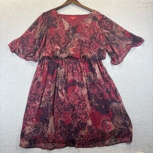 Signature by Sangria Dress Burgundy Floral Flowy Sheer 3/4 Sleeves Size 14W